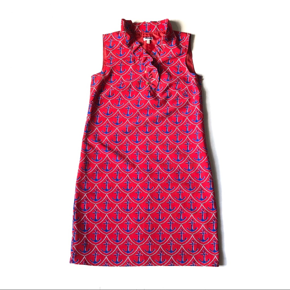 Talbots Red Anchor Nautical Ruffle Neck Sleeveless Shift Dress 6 Lined